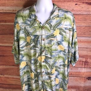 TOMMY BAHAMA: Hawaiian floral button down T shirt.